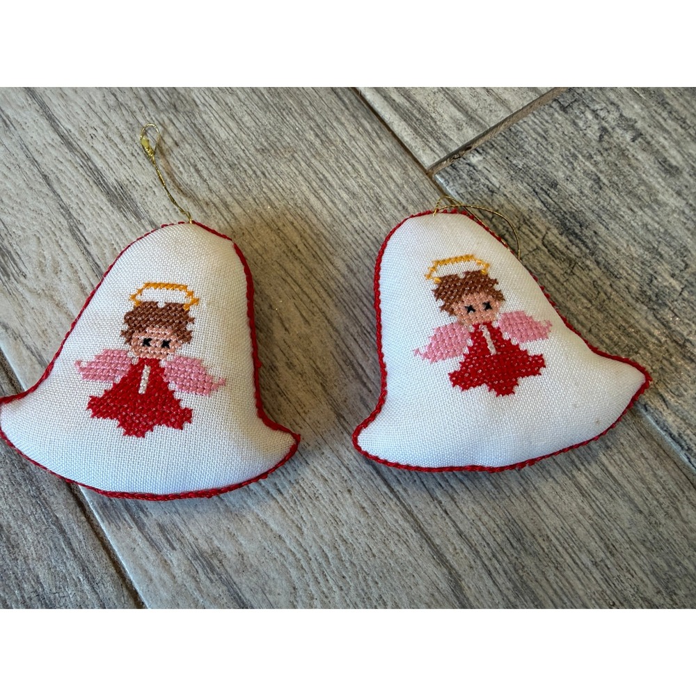 Handmade Angel Bell Christmas‎ Ornaments Set of 2 Cross Stitch Holiday Decor 3"